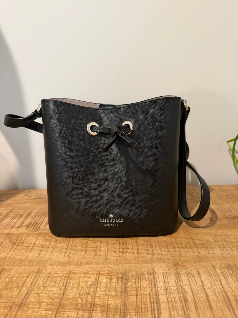 kate spade Black Saffiano Leather Drawstring Crossbody Bag